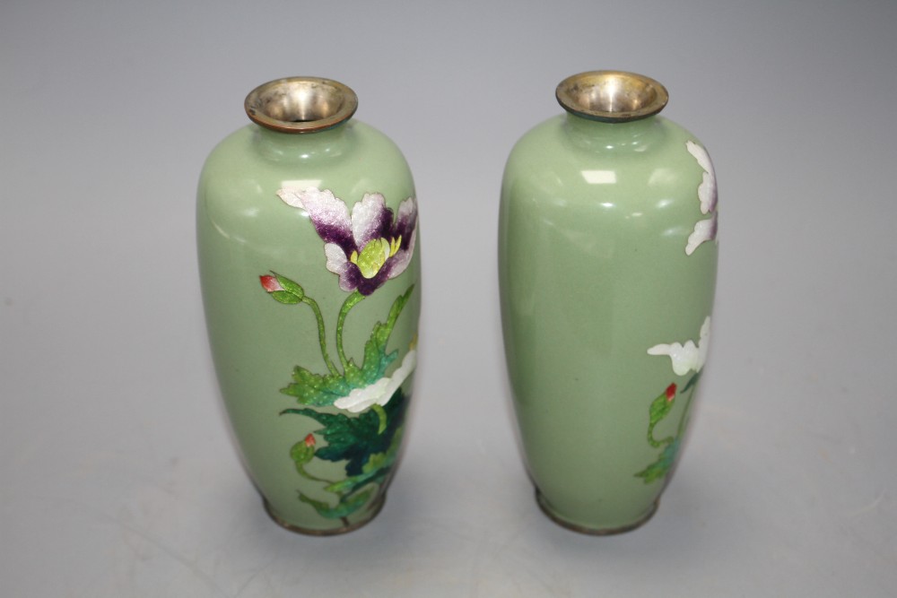 A pair of Japanese late Meiji period cloisonne vases, decorated with flowers on a celadon green ground, height 15cm, with original box